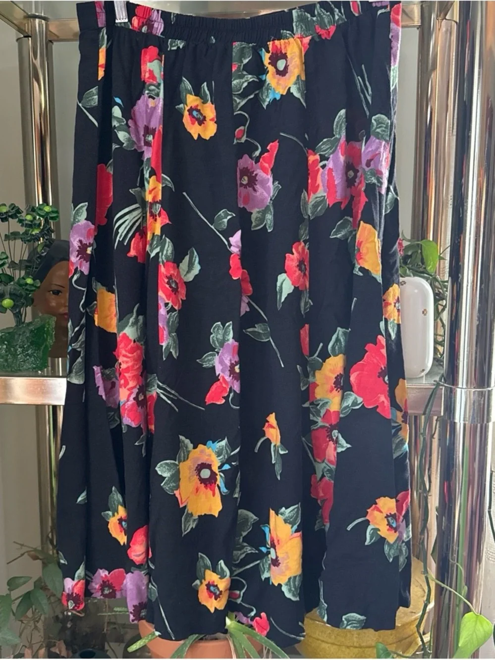 Vintage Black Floral Button-Front Skirt - Yellow & Red Flower Print